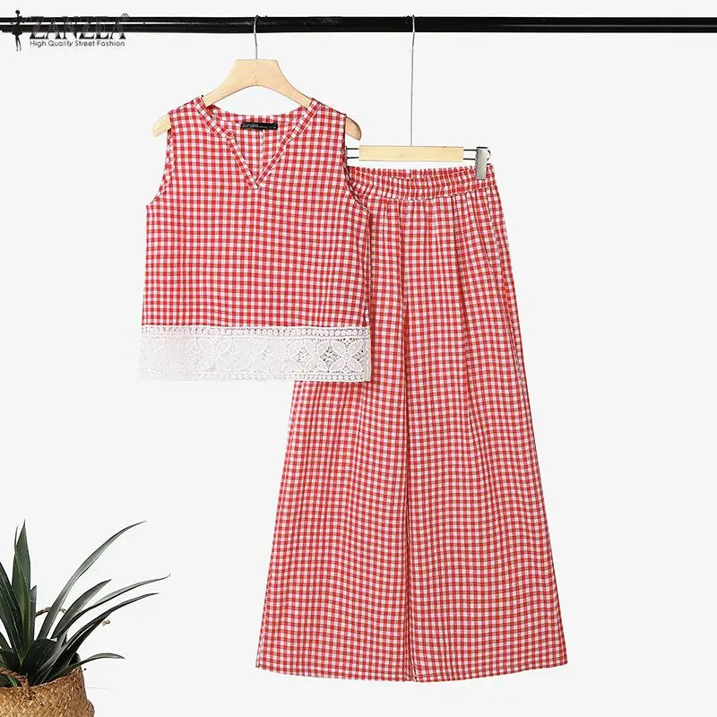 Summer 2PCS Outfits Stylish Women Plaid 2 Pieces Sets ZANZEA V Neck Sleeveless Tanks Tops Wide Leg Pant Sets Elegant Tracksuit