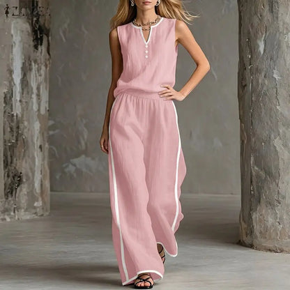 ZANZEA Stylish Sleeveless Tanks Tops Pant Sets 2026 Women Summer Patchwork Tracksuit 2 Pieces Sets Casual Loose Work Outfits