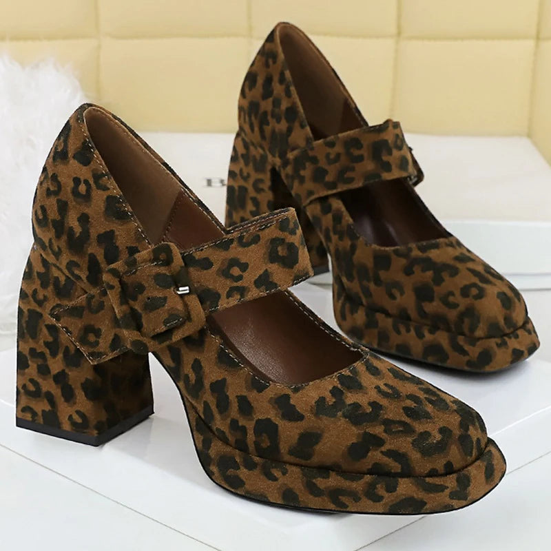 BIGTREE Shoes Spring Chunky Women Pumps Belt Buckle High Heels Square Headed Platform Heels Suede Block Heels Ladies Shoes New