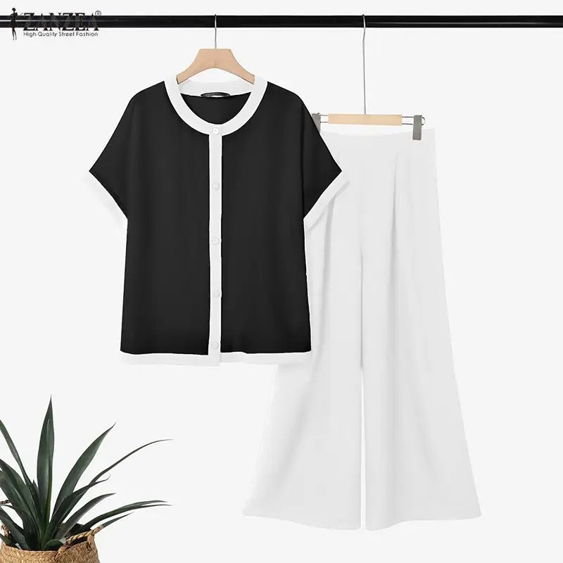 ZANZEA Color Blocked Loose 2 Pieces Matching Pant Sets Women Contrat-Trim Half Sleeve Tops & Wide Leg Pants Casual 2pcs Suits