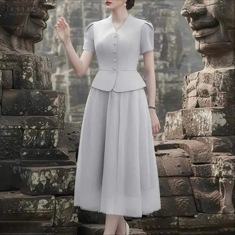 2026 ZANZEA Stylish Office OL Outfits Women Summer 2 Pieces Sets Elegant Short Sleeve Waisted Blouse Dress Sets Solid Skirt Suit