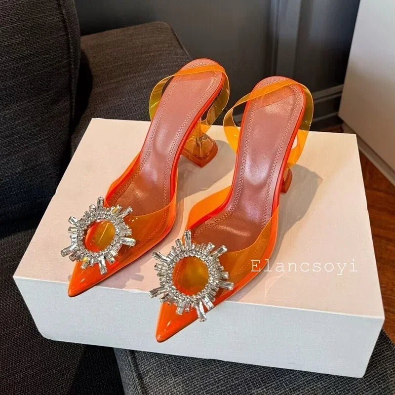 Summer Crystal Flower High Heels Women Transparent PVC Cup Heels Sandals Pointed Toe Back Strap Sandalias Sexy Party Dress Shoes