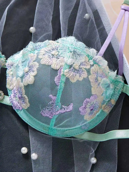 Women Sexy Lingerie Set Mint Green Floral Embroidery Lace Sheer Mesh Bra Thong Set Contrast Bow French 2‑Piece Underwear Suit