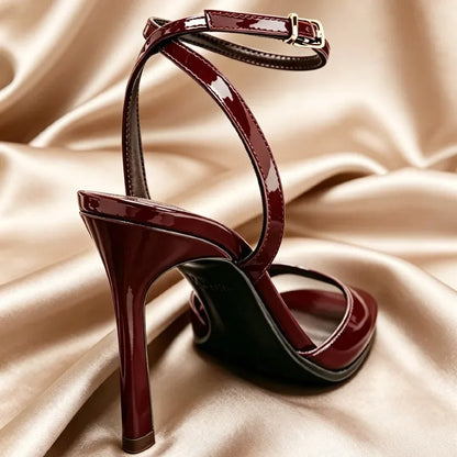 Sexy Open-Toe Ankle-Strap Heeled Sandals Women Luxury Designer Patent Leather High Heels for Ladies Elegant Party Wedding Shoes