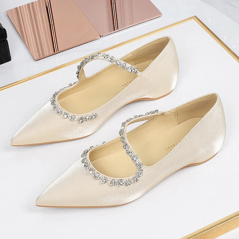 BIGTREE Shoes Rhinestone Chain Low Heeled Women's Shoes Metal Decoration Wedge heels Pointed Ladies Shoes Luxury Banquet Shoes
