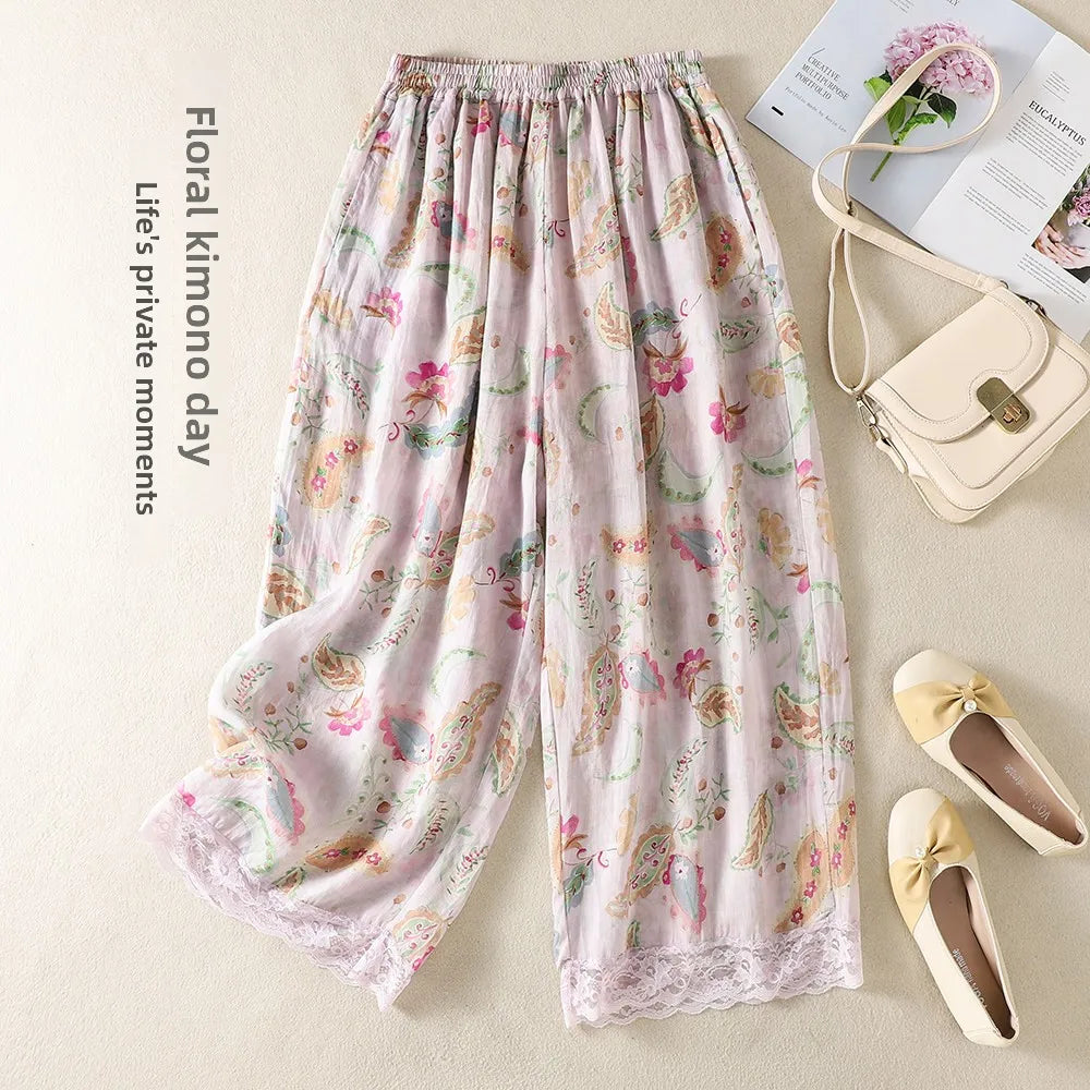 Artistic Casual Pants Women Summer Loose Versatile Retro Print Wide Leg Pants High Waist Straight Tube Geometric Pattern