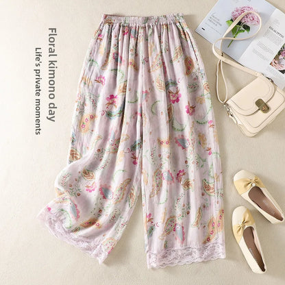 Artistic Casual Pants Women Summer Loose Versatile Retro Print Wide Leg Pants High Waist Straight Tube Geometric Pattern