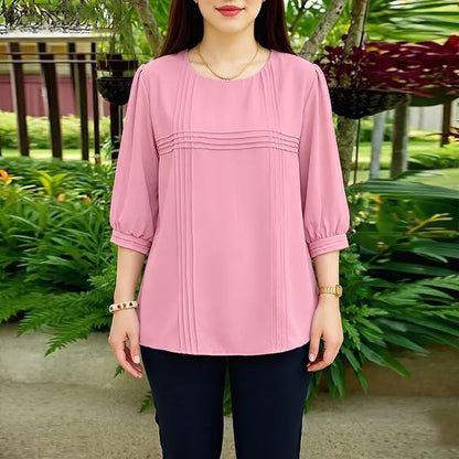 ZANZEA Woman Casual Minimalist Blouses Summer Pintuck Detailing O-Neck 3/4 Puff Sleeve Solid Color Tops Everyday Blusas de Mujer