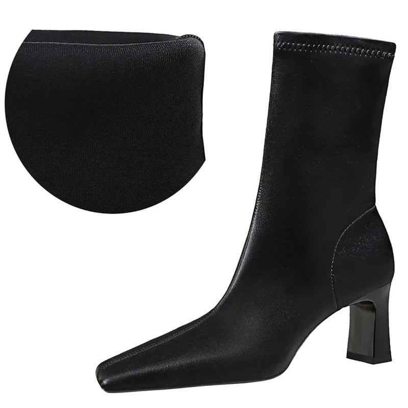 BIGTREE Shoes Autumn Winter Short Boots Square Head Leather Boots Women Shoes Thick Heel Skinny Boots Fashion High-heeled Boots