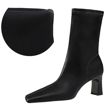 BIGTREE Shoes Autumn Winter Short Boots Square Head Leather Boots Women Shoes Thick Heel Skinny Boots Fashion High-heeled Boots