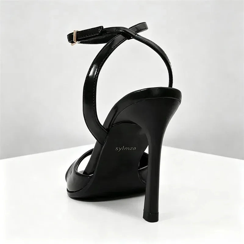 Black Patent Leather Ankle Strap Buckle Heeled Sandals Women Sexy Square Open Toe High Heels Summer Elegant Party Office Shoes