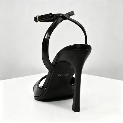 Black Patent Leather Ankle Strap Buckle Heeled Sandals Women Sexy Square Open Toe High Heels Summer Elegant Party Office Shoes