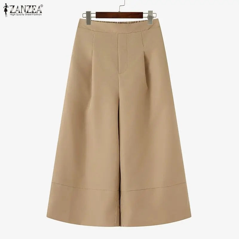 ZANZEA 2026 Women Casual Calf-Length Pants Elastic Back Waist Solid Color Wide-Leg Cropped Pant Autumn Loose Cozy Woman Bottoms