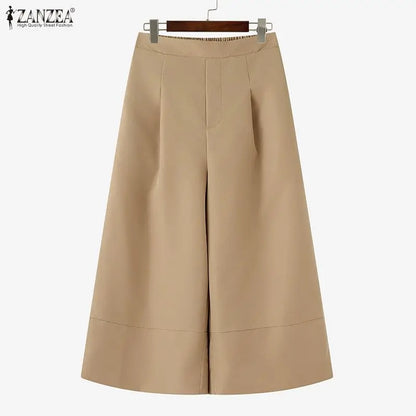 ZANZEA 2026 Women Casual Calf-Length Pants Elastic Back Waist Solid Color Wide-Leg Cropped Pant Autumn Loose Cozy Woman Bottoms