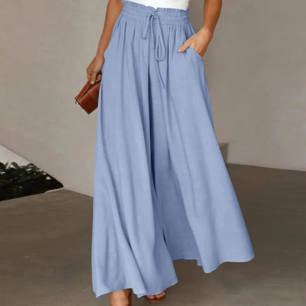 Women Summer Autumn Elegant Solid Chiffon Pants Casual Elastic Waist Wide Leg Pants Loose Straight Trouser Vacation Beach Street