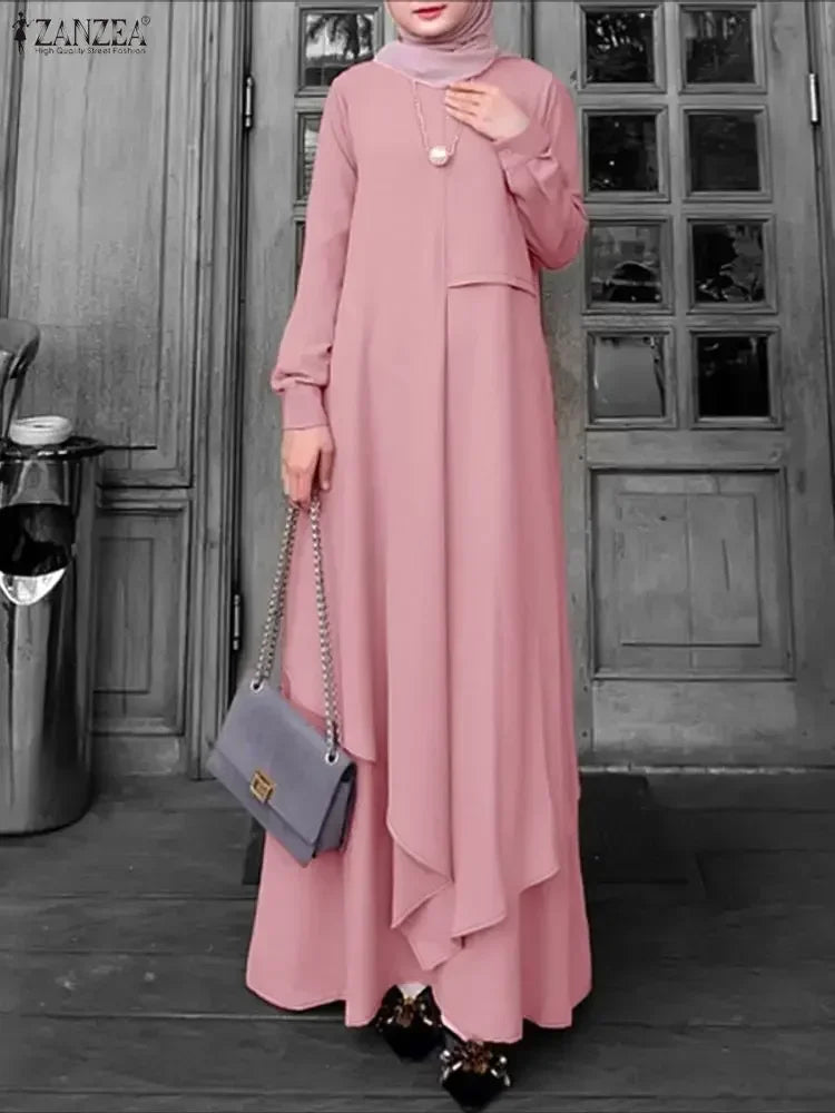 2026 ZANZEA Ramadan Robe Modest Elegant Muslim Abaya Dress Women Spring Long Sleeve Dresses Irregular Sundress IsIamic Clothing