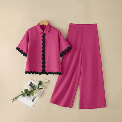 Stylish Women 2 Pieces Sets ZANZEA Summer Lapel Neck Short Sleeve Blouse Trousers Suit Contrast Color Wave Cut Office OL Outfits