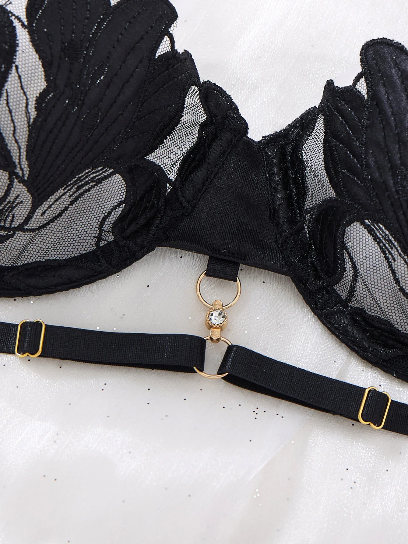 Sexy Women Black Floral Embroidery Lingerie Set Harness Strap Design Sheer Mesh Bra Thong Nightwear S‑XL