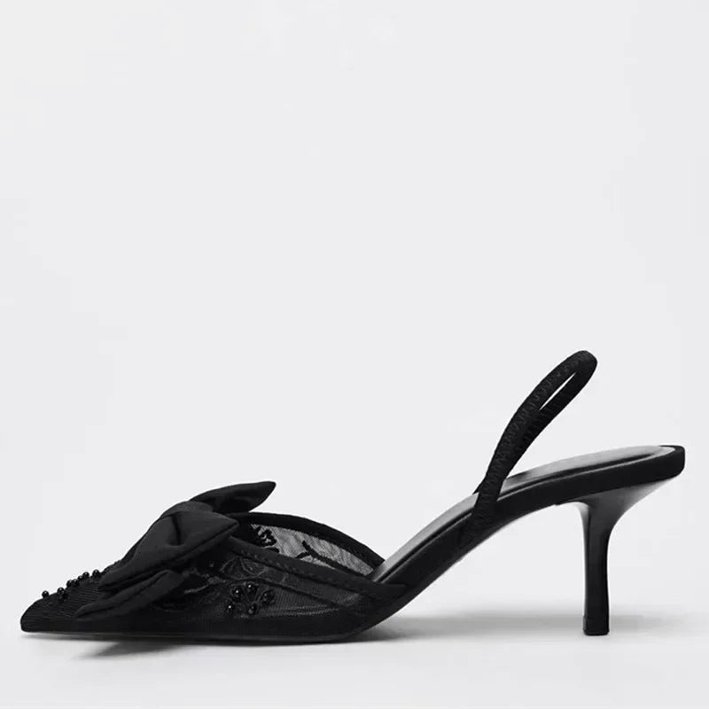 Black Mesh Beaded Decoration Heeled Sandals Women Sexy Pointed Toe Slingbacks Thin High Heels Elegant Bow Designer Women Pumps