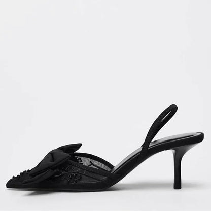 Black Mesh Beaded Decoration Heeled Sandals Women Sexy Pointed Toe Slingbacks Thin High Heels Elegant Bow Designer Women Pumps