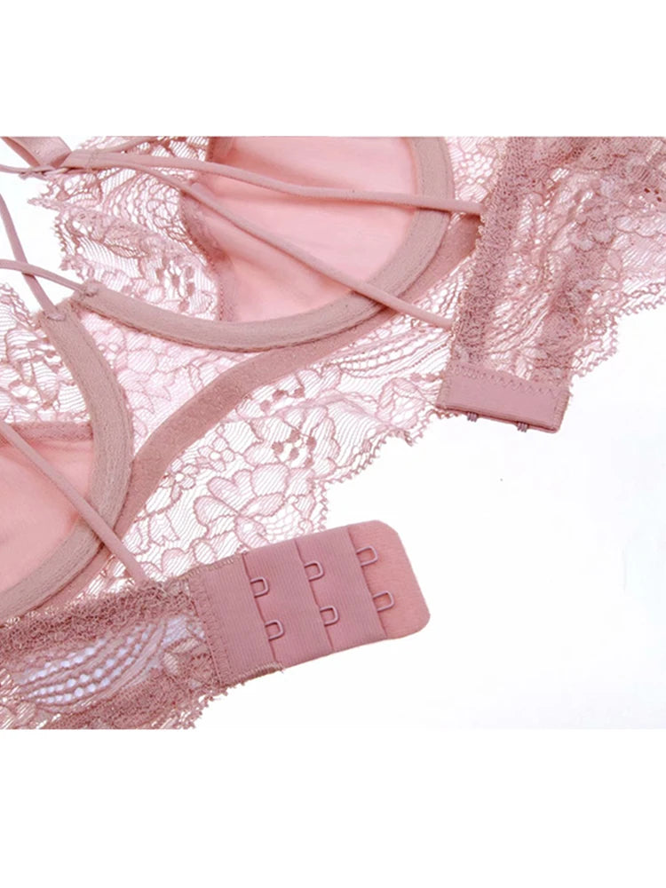 Classic Bandage Pink Bra Set Lingerie Push Up Brassiere Lace Underwear Set Sexy High-Waist Panties For Women underwear