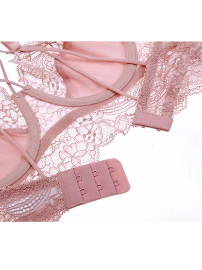 Classic Bandage Pink Bra Set Lingerie Push Up Brassiere Lace Underwear Set Sexy High-Waist Panties For Women underwear