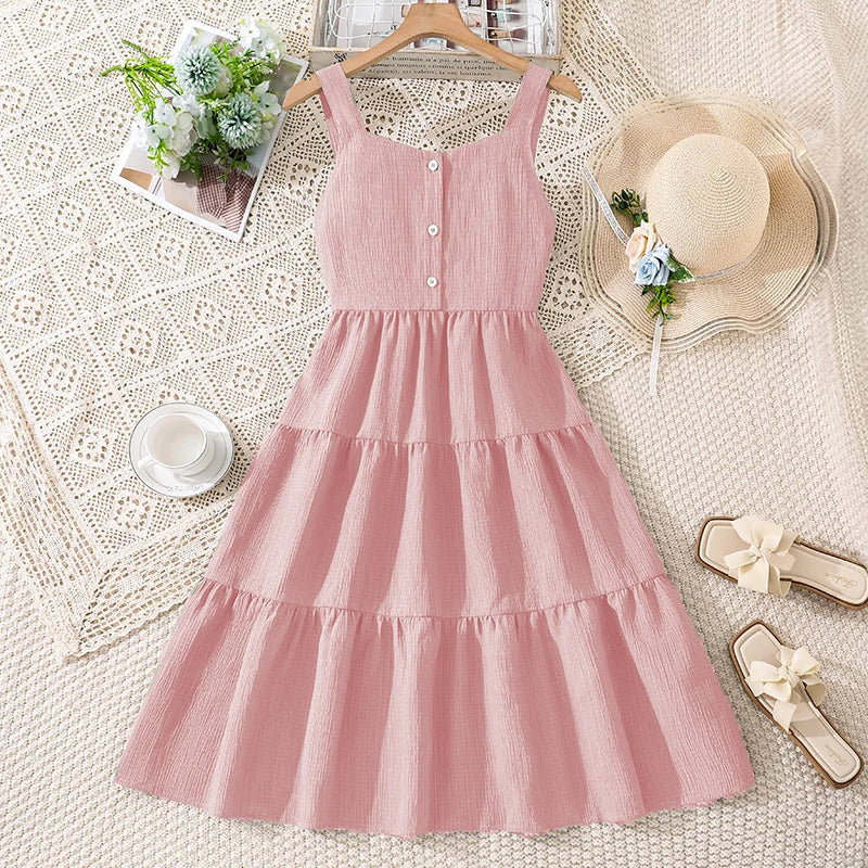 Girls 8-12 Green Summer Dress, Sleeveless Tiered Design with Back Bow & Elastic Waist, Casual Kids Wear