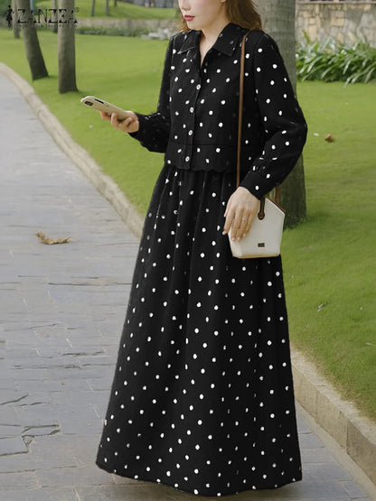 ZANZEA Autumn Outfits Stylish Polka Dots Women 2 Piece Sets Long Sleeve Blouse Dress Sets Casual Work Tracksuit Skirt Suit 2025