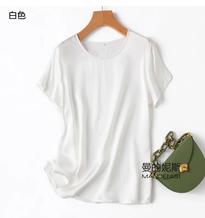 ZVAQS 100% Mulberry Silk T Shirts Woman Elegant Satin T Shirt 27 Colors High Quality Silk Summer Tops 2025 Women Clothing Топ