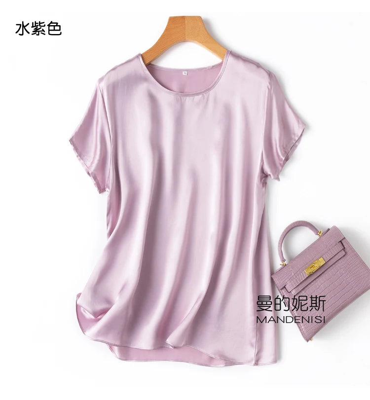 ZVAQS 100% Mulberry Silk T Shirts Woman Elegant Satin T Shirt 27 Colors High Quality Silk Summer Tops 2025 Women Clothing Топ