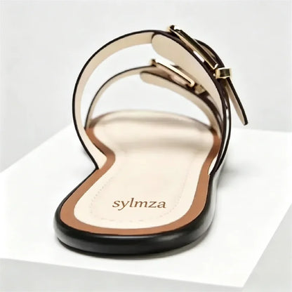 Comfortable Beige Soft Leather Flat Sandals Women Fashion Metal Buckle Designer Shoes Summer Sexy Open Toe Non Slip Beach Shoes