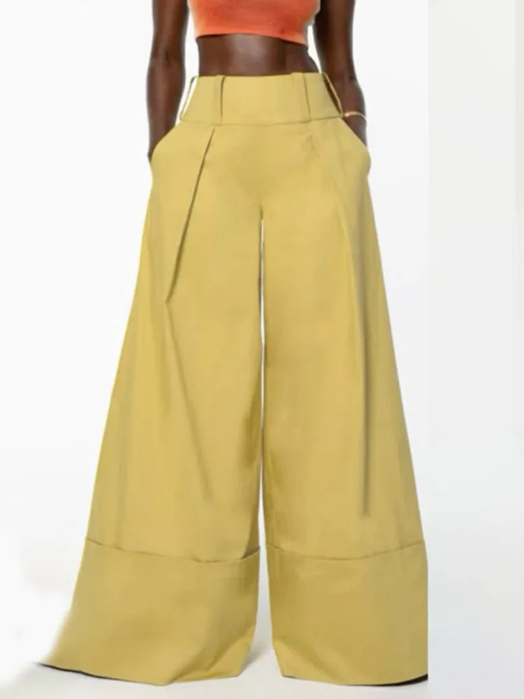 Women's Solid Color High-Waisted Cuffed Wide Leg Pants 2026 Summer Fashion Loose Fit Vacation Trousers Casual Full Length Pants