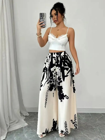 Women's Tropical Print Wide-Leg Pants, Elastic Waist Design, Slim Fit for Casual Vacation Wear
