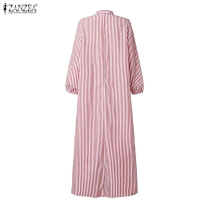 ZANZEA Modest Stripe Patchwork Muslim Abaya Dress Hijab Robe Femme Fashion Women Long Sleeve Pleated Sundress Casual Kaftan 2026