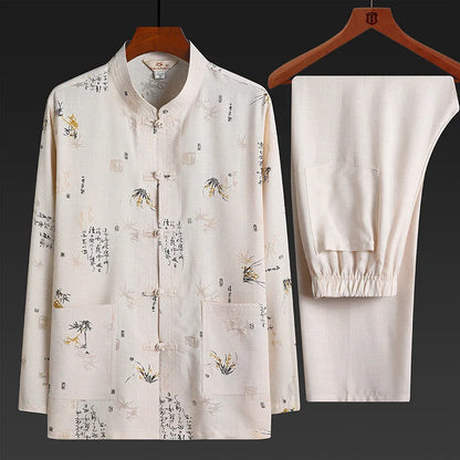 Men's Red Two-piece Summer Set: A Short Jacquard Shirt in Chinese Style Paired with Elastic-waist Pants. White, Gray, Beige-Blue