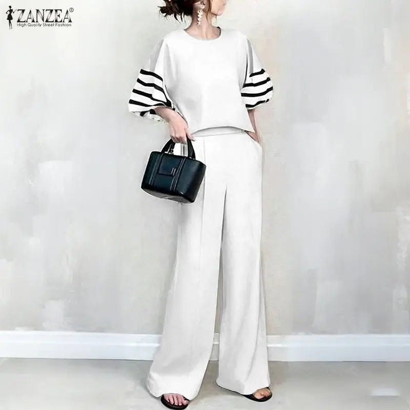 2026 ZANZEA Summer Wide Leg Pant Sets Fashion Women Outfits 3/4 Sleeve Blouse Trousers Striped OL Work Tracksuit 2 Pieces Sets