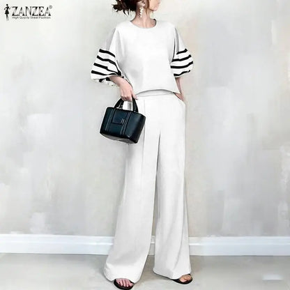 2026 ZANZEA Summer Wide Leg Pant Sets Fashion Women Outfits 3/4 Sleeve Blouse Trousers Striped OL Work Tracksuit 2 Pieces Sets