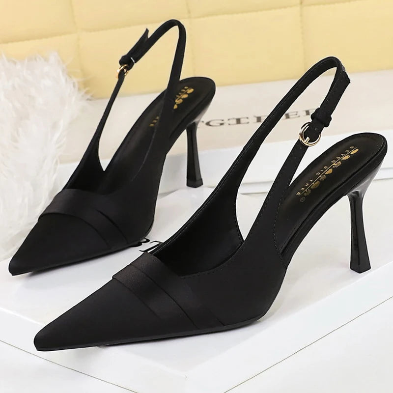 BIGTREE Shoes Women Pumps Silks Satins Stiletto Heels 9 Cm Hollow Out Hook Strap High Heeled Sandals Women Summer Shoes Buckle
