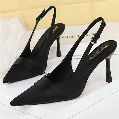 BIGTREE Shoes Women Pumps Silks Satins Stiletto Heels 9 Cm Hollow Out Hook Strap High Heeled Sandals Women Summer Shoes Buckle