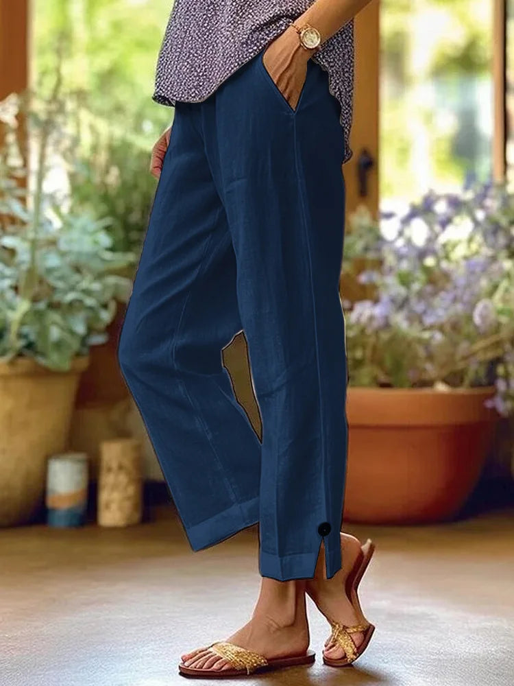 Women's Casual Pants Cotton and Linen Blend Elastic Waist Pocket Fashion Simple Slit Button Basic Versatile Straight Leg Pants