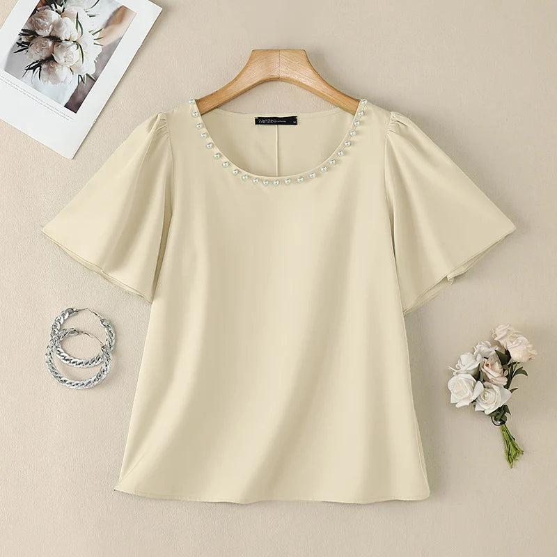 ZANZEA Women's Elegant Blouses Pearls Detailed O-Neck Short Sleeve Pullover Tops Summer Office Work Solid Color Blusas de Mujer