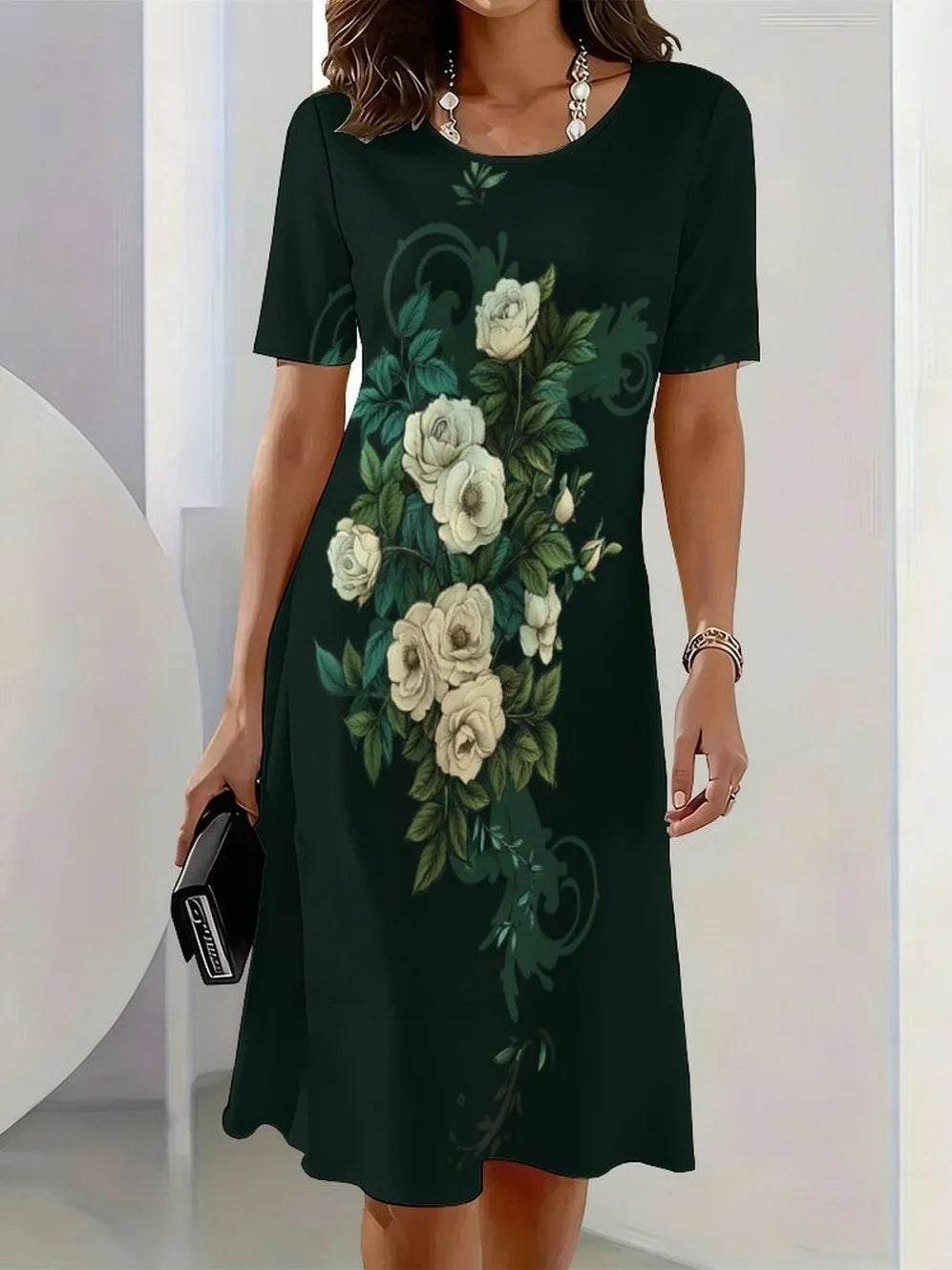 2026 New Elegant Floral Print Dresses for Women Round-Neck Short Sleeve Female Clothing Summer Travel Vacation Clothes for Woman