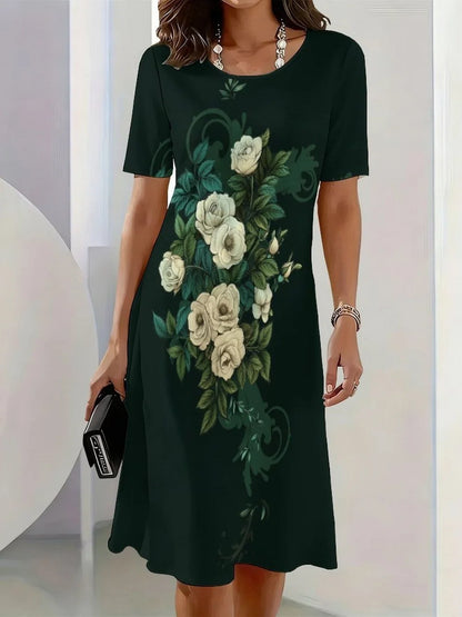 2026 New Elegant Floral Print Dresses for Women Round-Neck Short Sleeve Female Clothing Summer Travel Vacation Clothes for Woman