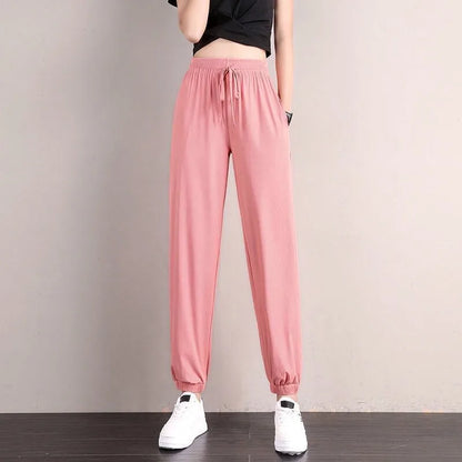 1pcs Summer Womens Ice Silk Pants Female High Elastic Waist Drawstring Pocket Loose Straight Trousers Student Sports Harun Pants