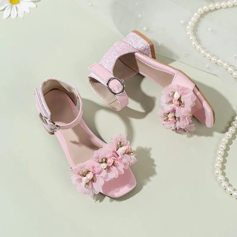 2026 Summer Kids Elegant Sandals New Sequins Girls Catwalk Shoes for Wedding Party Fashion Flower Children's Princess High Heels