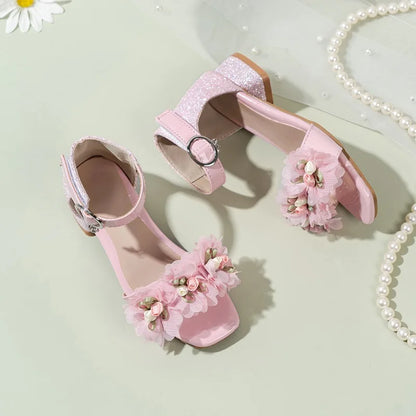2026 Summer Kids Elegant Sandals New Sequins Girls Catwalk Shoes for Wedding Party Fashion Flower Children's Princess High Heels