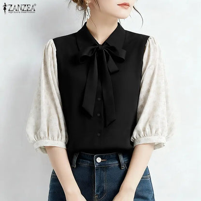 ZANZEA Elegant Women's Contrast-Color Shirts Floral Printed Puff Sleeve Bowtie Collared Casual Tops Summer Woman Clothes S-3XL