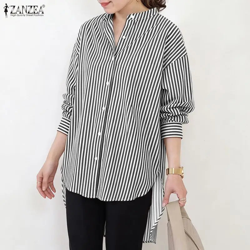 ZANZEA Oversized High-Low Shirts Woman Mandarin Collar Drop-Shoulder Long Sleeve Button Up Blouse Loose Camisas Streetwear 3XL