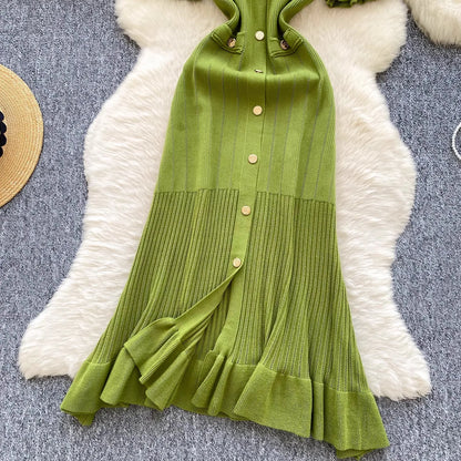 YuooMuoo Brand Fashion Vintage Knitted Long Dress Spring Summer Women Elegant V-neck Ruffled Bodycon Sweater Dress Party Vestido