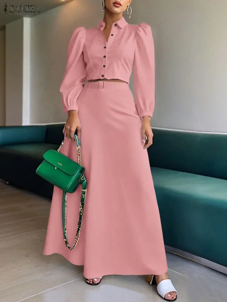 Fashion 2026 Spring Outfits ZANZEA Women 2 Piece Sets Elegant Long Sleeve Blouse Dress Sets Stylish OL Tracksuit Streetwear Suit